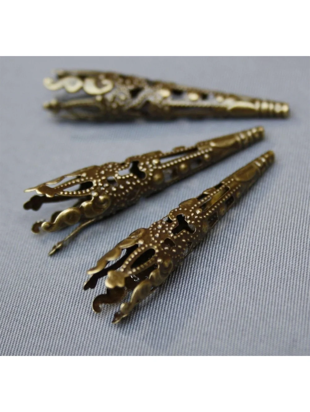 Bronze Antique Brass Victorian Style Long Cutout Filigree Cones Bead Caps 10 pcs